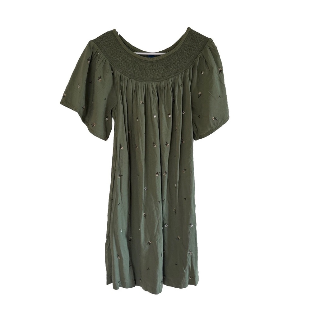 NWT Old Navy Dress Large Tunic Womens Olive Green Floral Embroidered Smocked